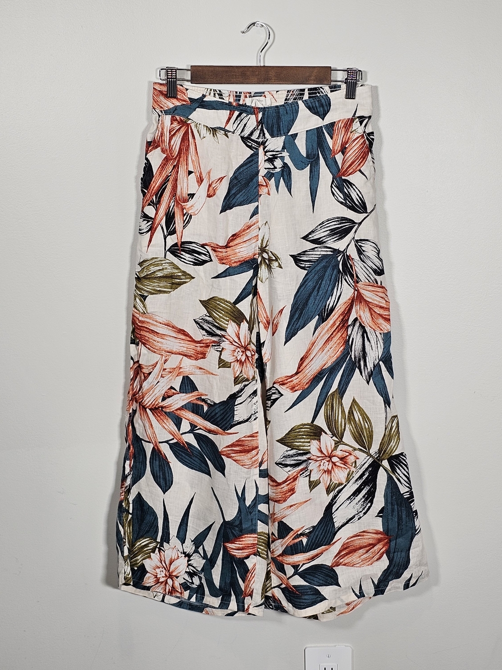 C&C California Floral Foliage Wide-Leg Linen Pants - Cream/Blue/Coral Sz S